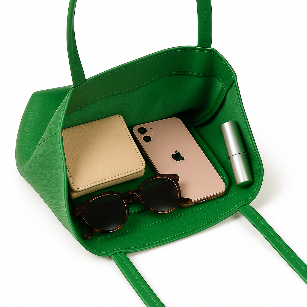 Green real leather tote bag, Interior view with everyday accessories.