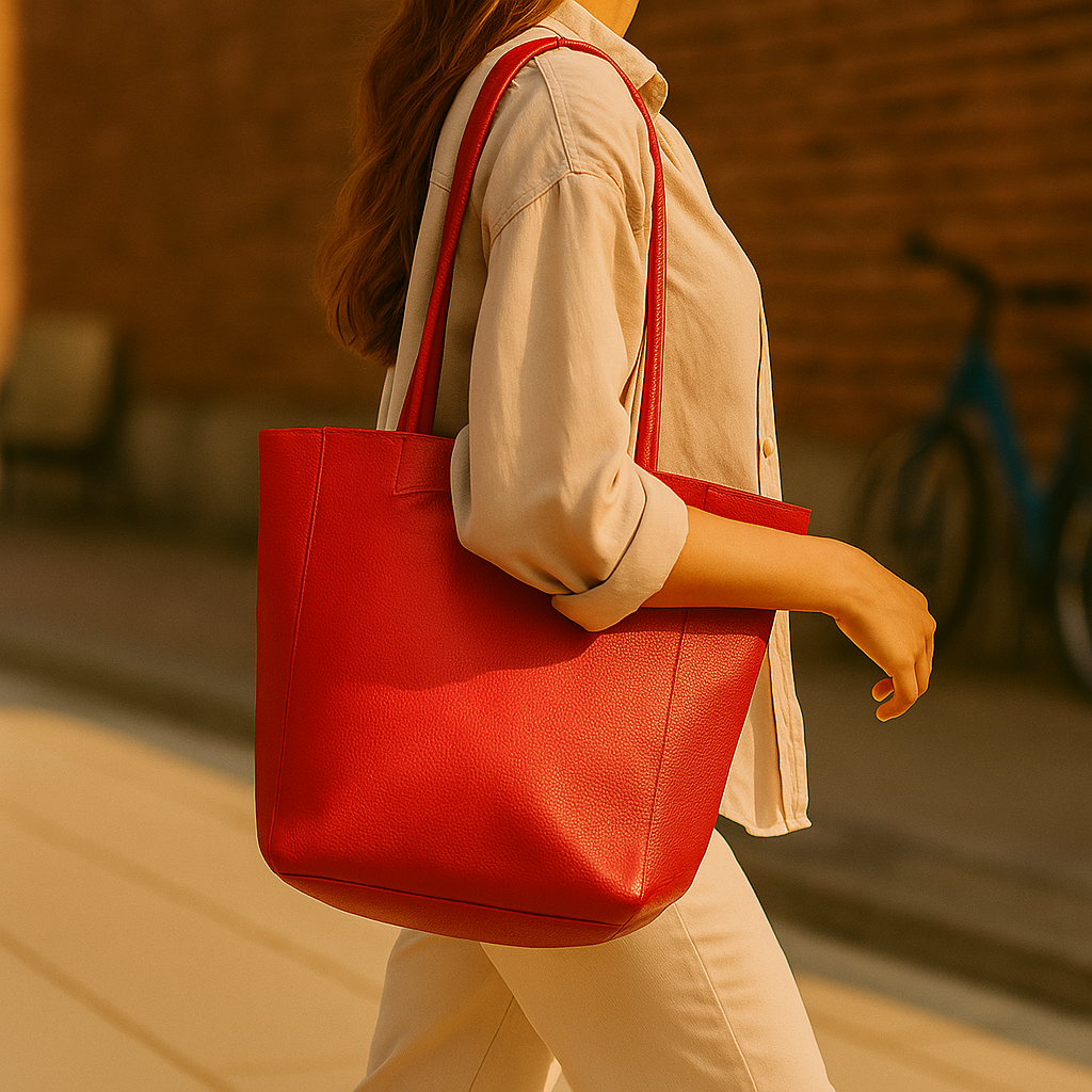 Red real leather tote bag, lifestyle street view showing the red tote bag carried on shoulder.