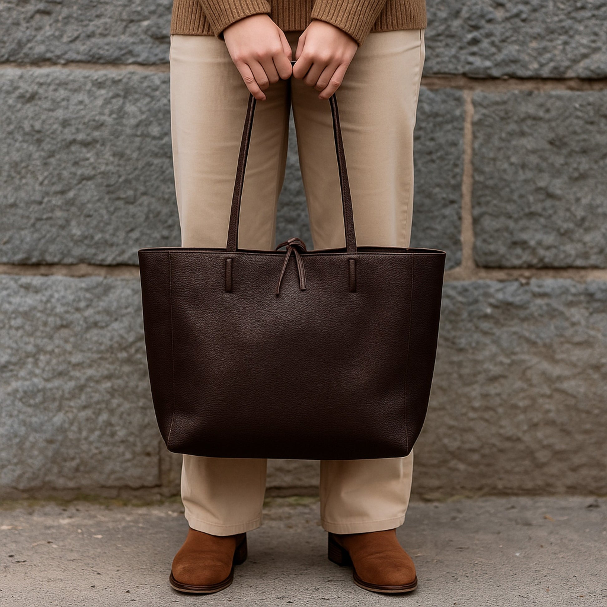 Dark chocolate full-grain leather tote bag held with both hands, front lifestyle view.