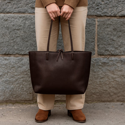 Dark chocolate full-grain leather tote bag held with both hands, front lifestyle view.