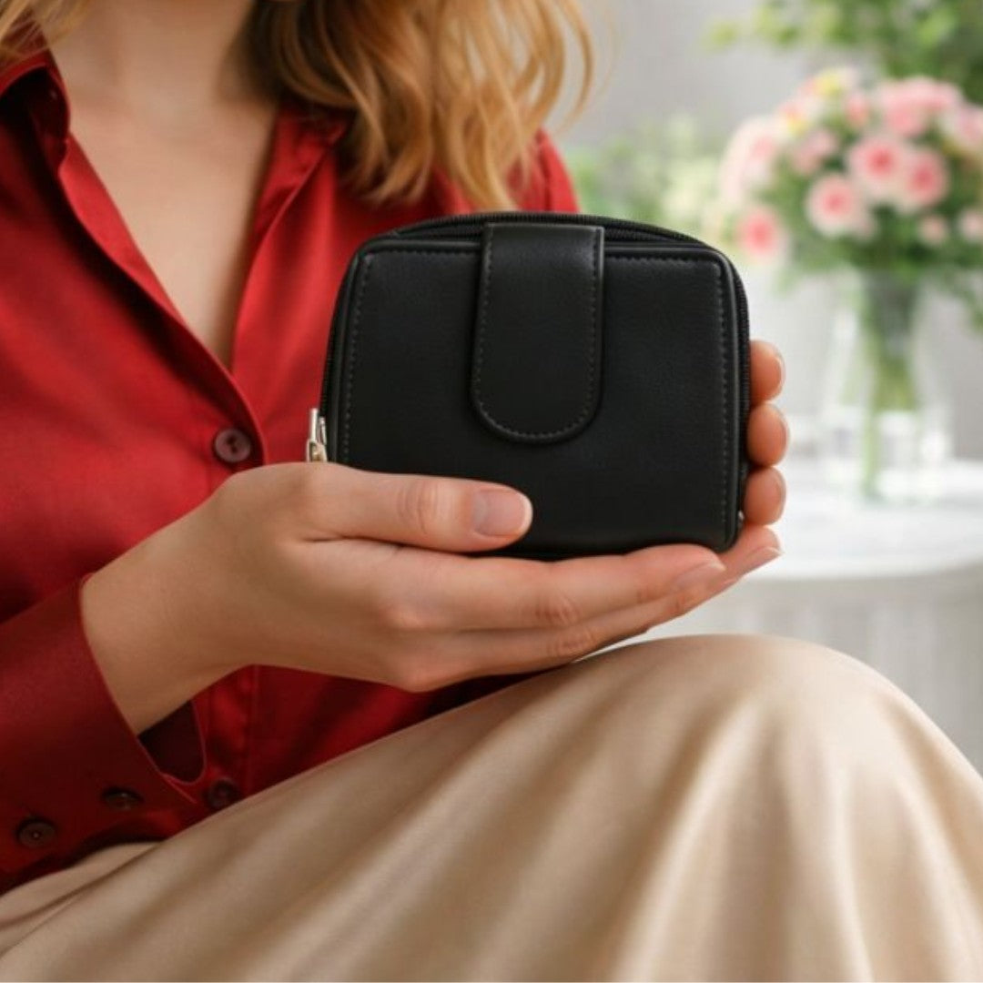 Woman holding a black soft Nappa leather RFID purse indoors, showing compact size and elegant everyday use
