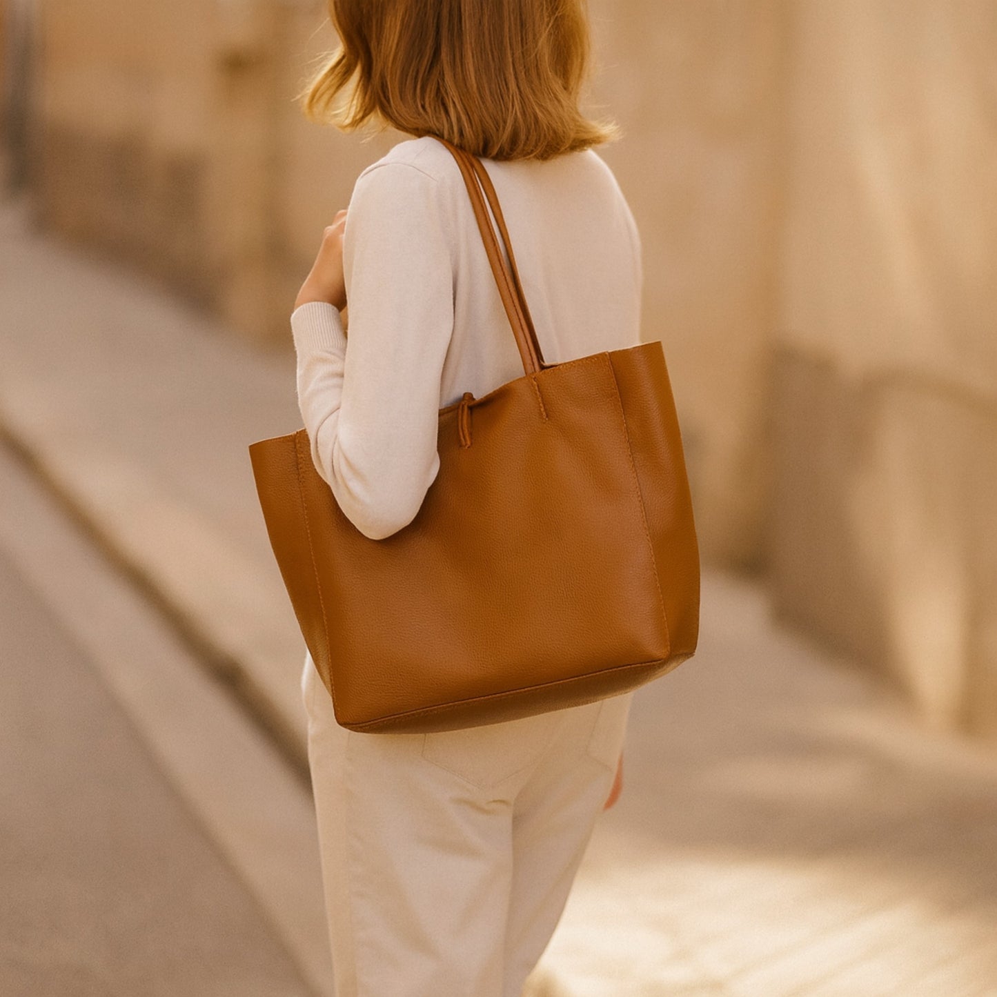 Dark-tan real leather tote bag, lifestyle of bag on shoulder.