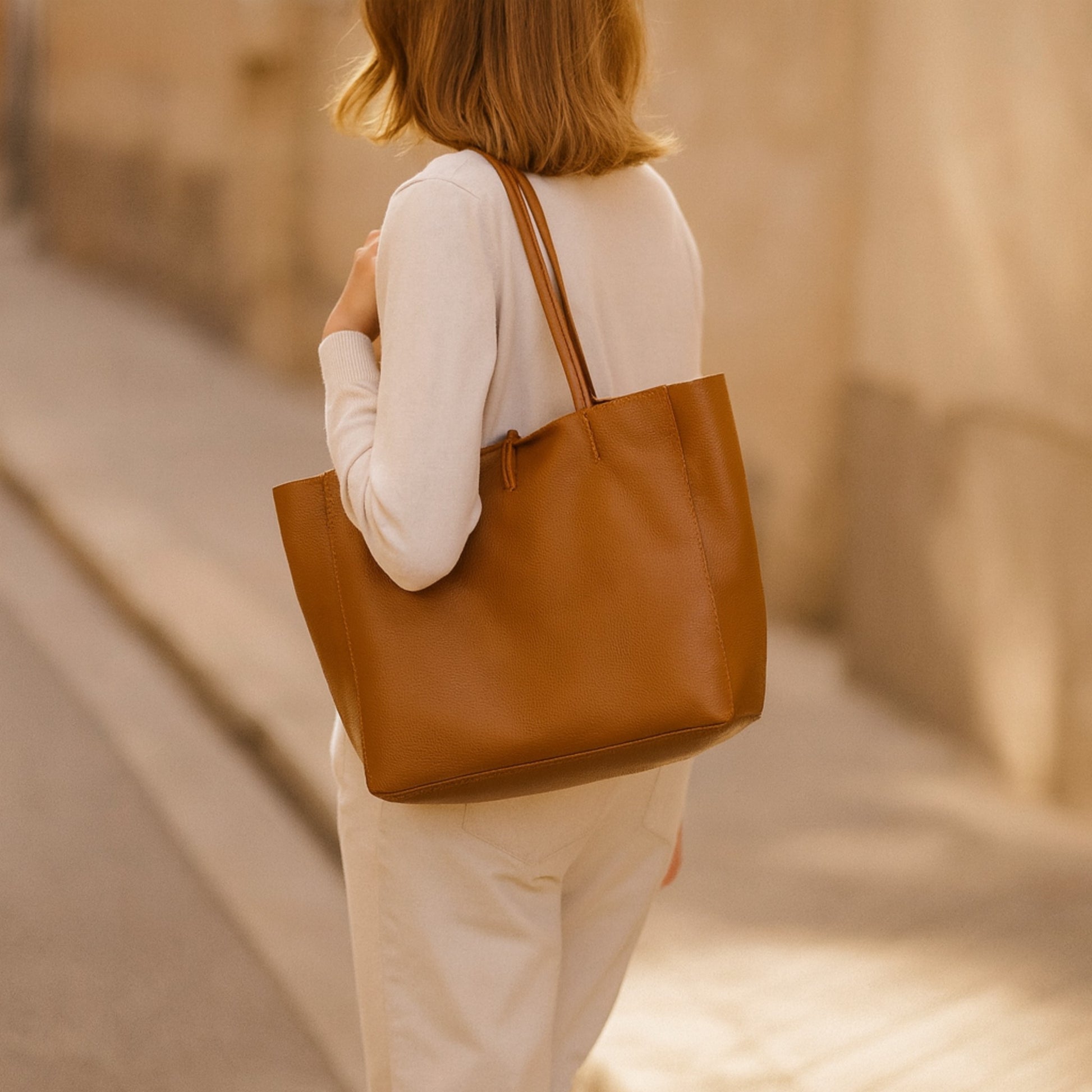 Dark-tan real leather tote bag, lifestyle of bag on shoulder.