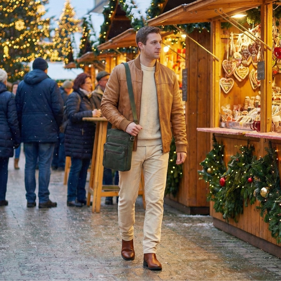 Man walking outdoors at night carrying the black and grey hunter leather crossbody bag during festive season lights