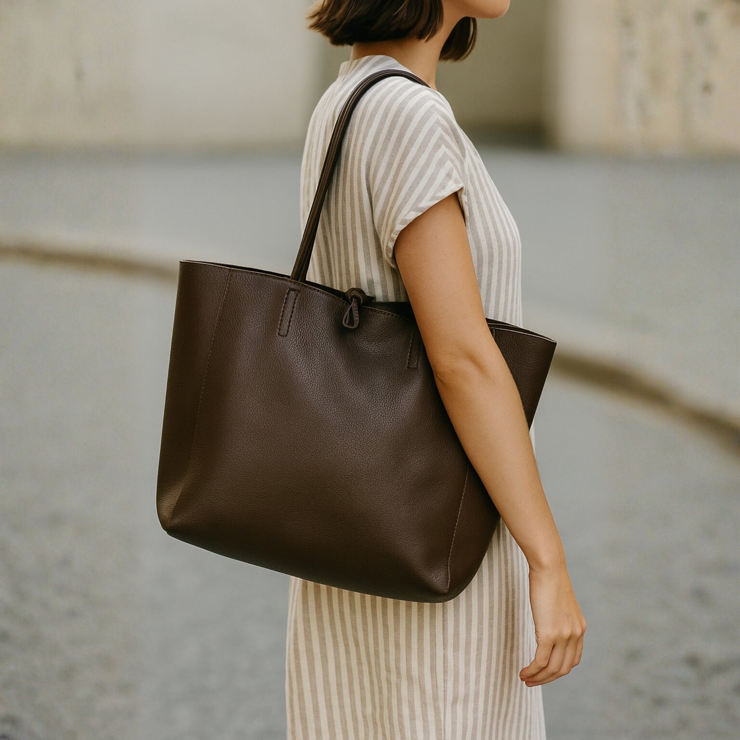 Dark chocolate full-grain leather tote bag worn on shoulder while walking.