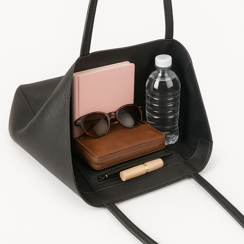 Open top view of black leather tote showing lined interior, zip pocket, and everyday items.