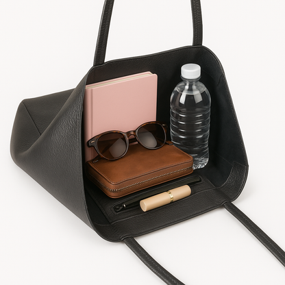 Open top view of black leather tote showing lined interior, zip pocket, and everyday items.