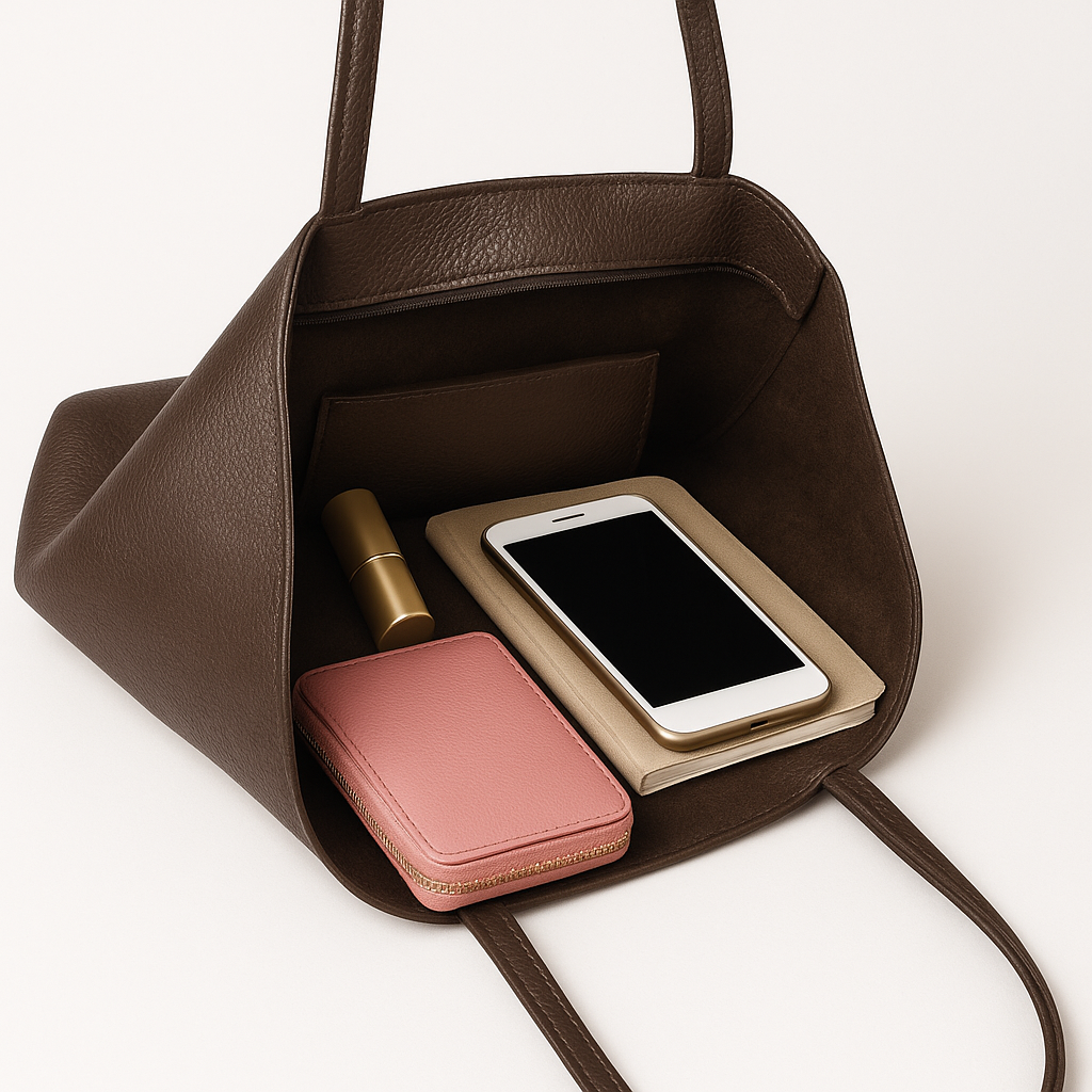 Dark-tan real leather tote bag interior with contents including phone, wallet, and notebook.
