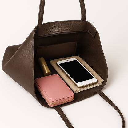 Dark-tan real leather tote bag interior with contents including phone, wallet, and notebook.