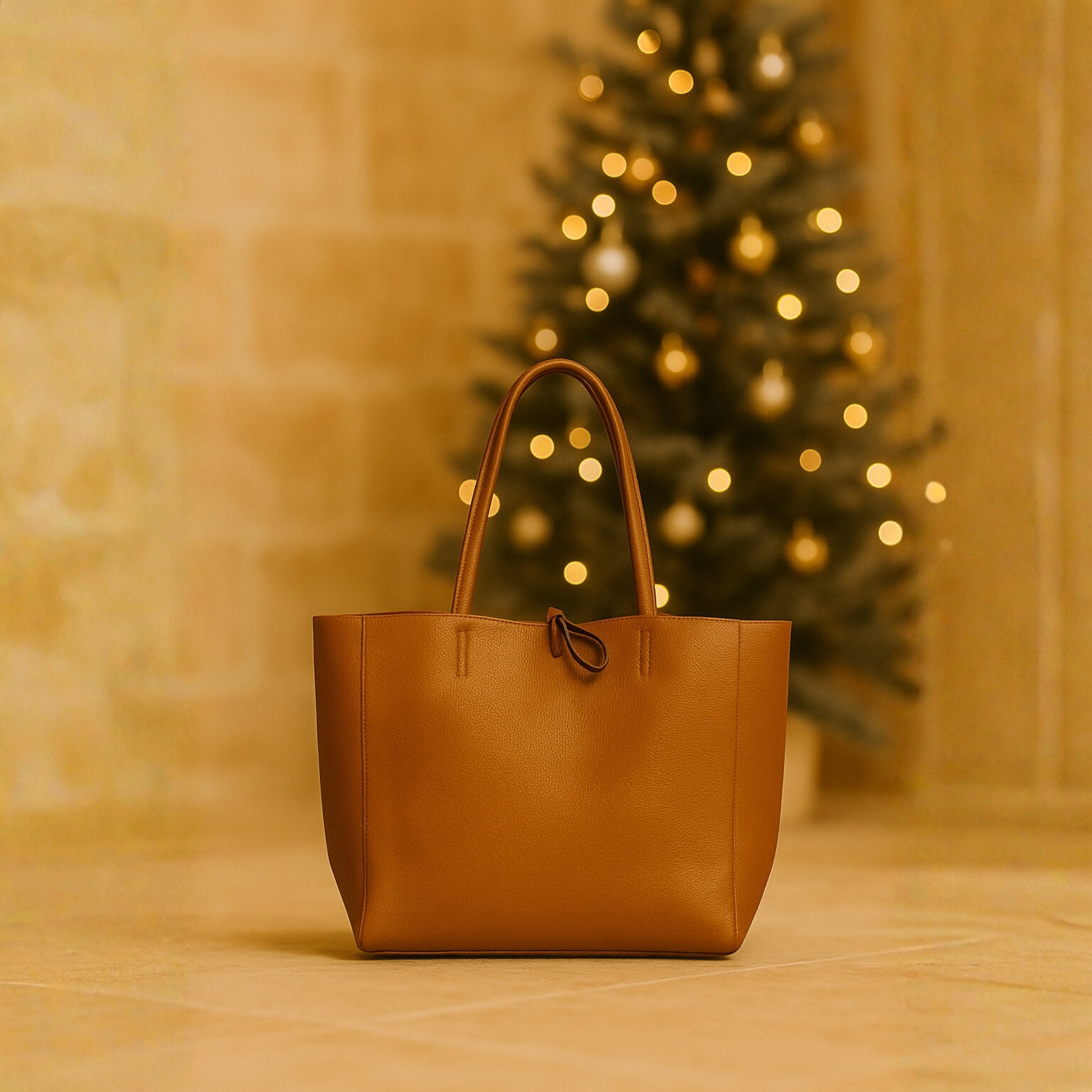Dark tan real leather tote bag placed beside a decorated Christmas tree, showing festive scene and rich leather texture.