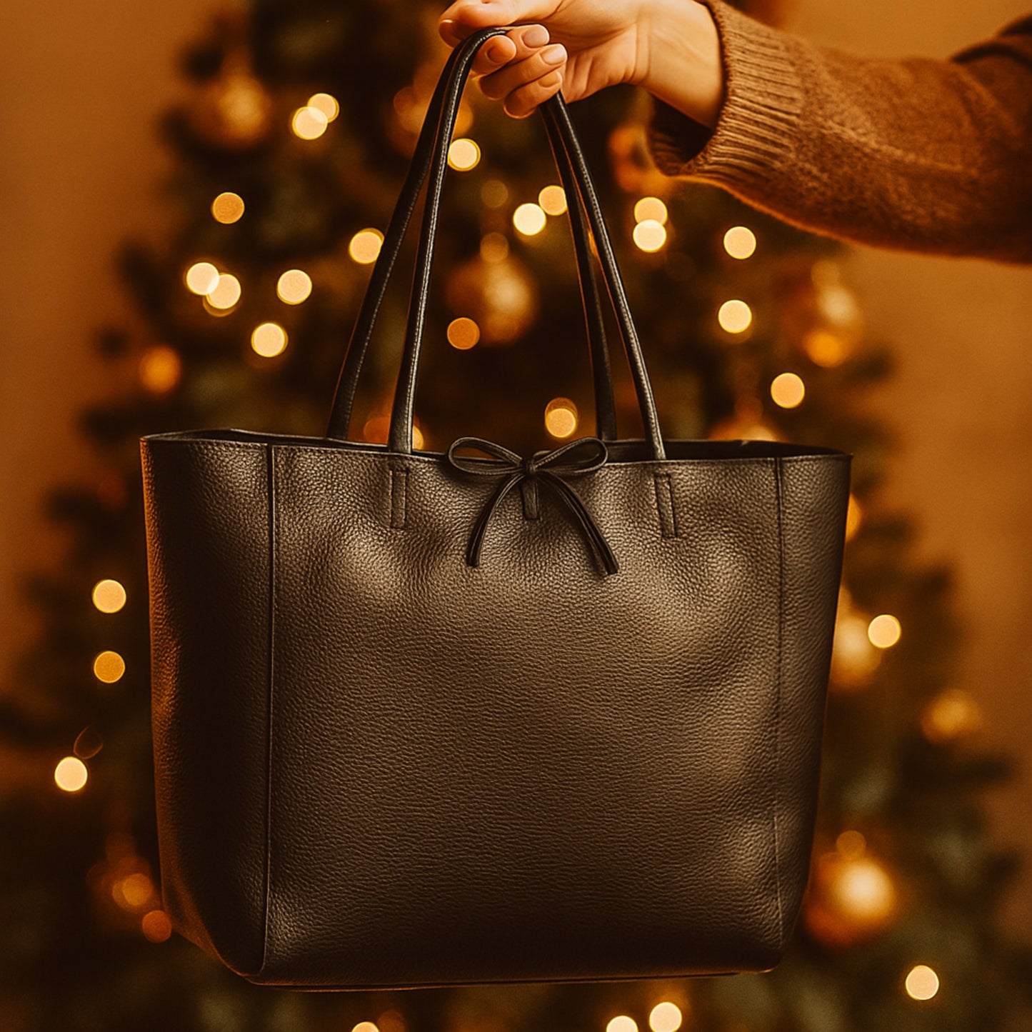 Dark chocolate real leather tote bag hanging with warm festive lights in background, holiday lifestyle photo.