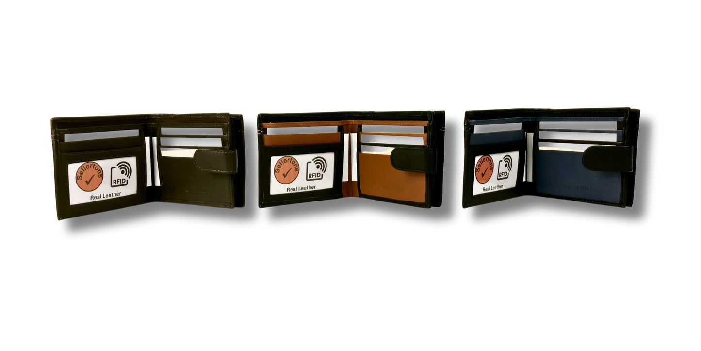 Collection of men's leather bifold wallets in black and tan, brown, and black and navy, with RFID-blocking technology