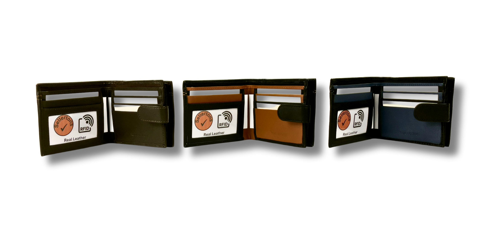Collection of men's leather bifold wallets in black and tan, brown, and black and navy, with RFID-blocking technology