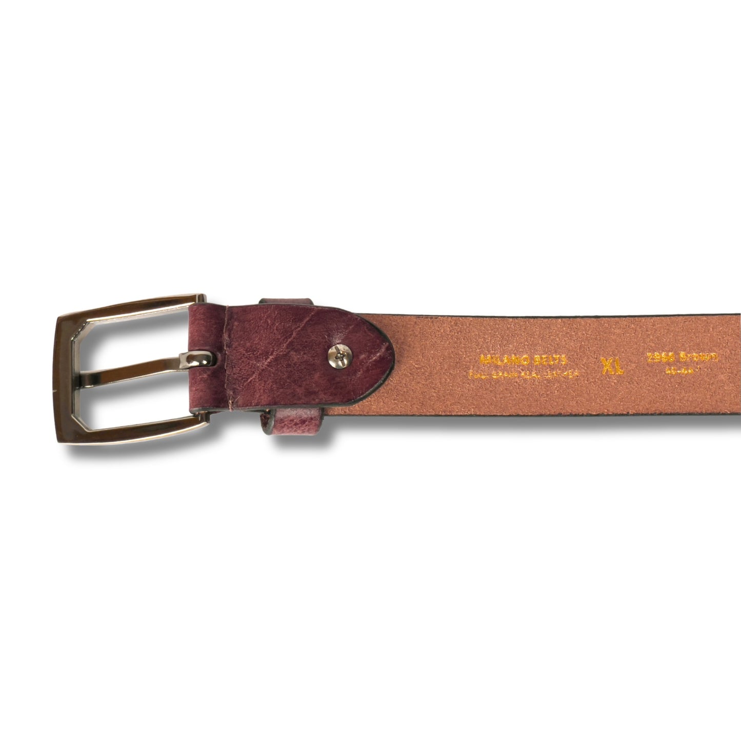 Back perspective of brown leather belt highlighting buckle and strap