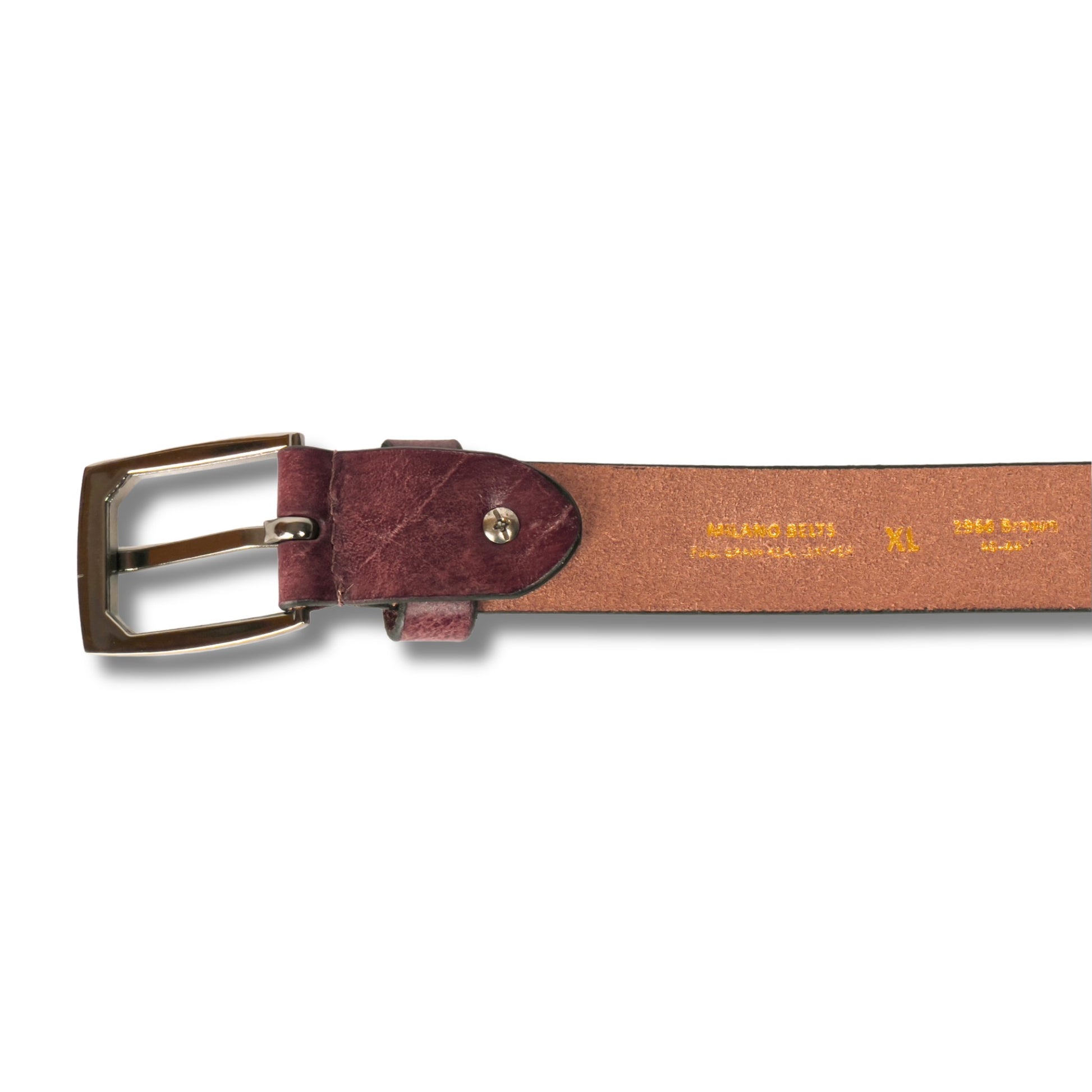 Back perspective of brown leather belt highlighting buckle and strap