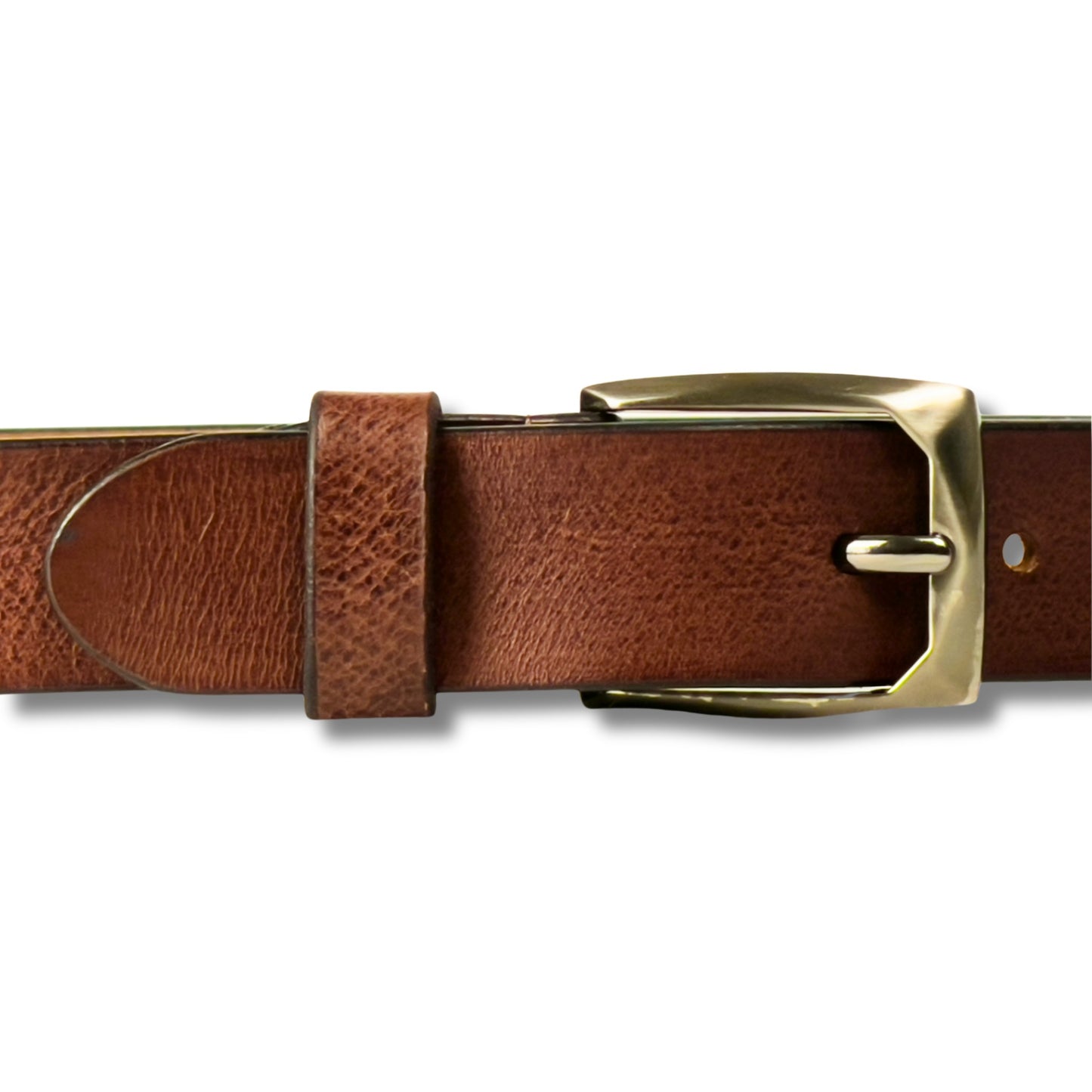 Zoomed view of brown leather belt buckle with reinforced stitching