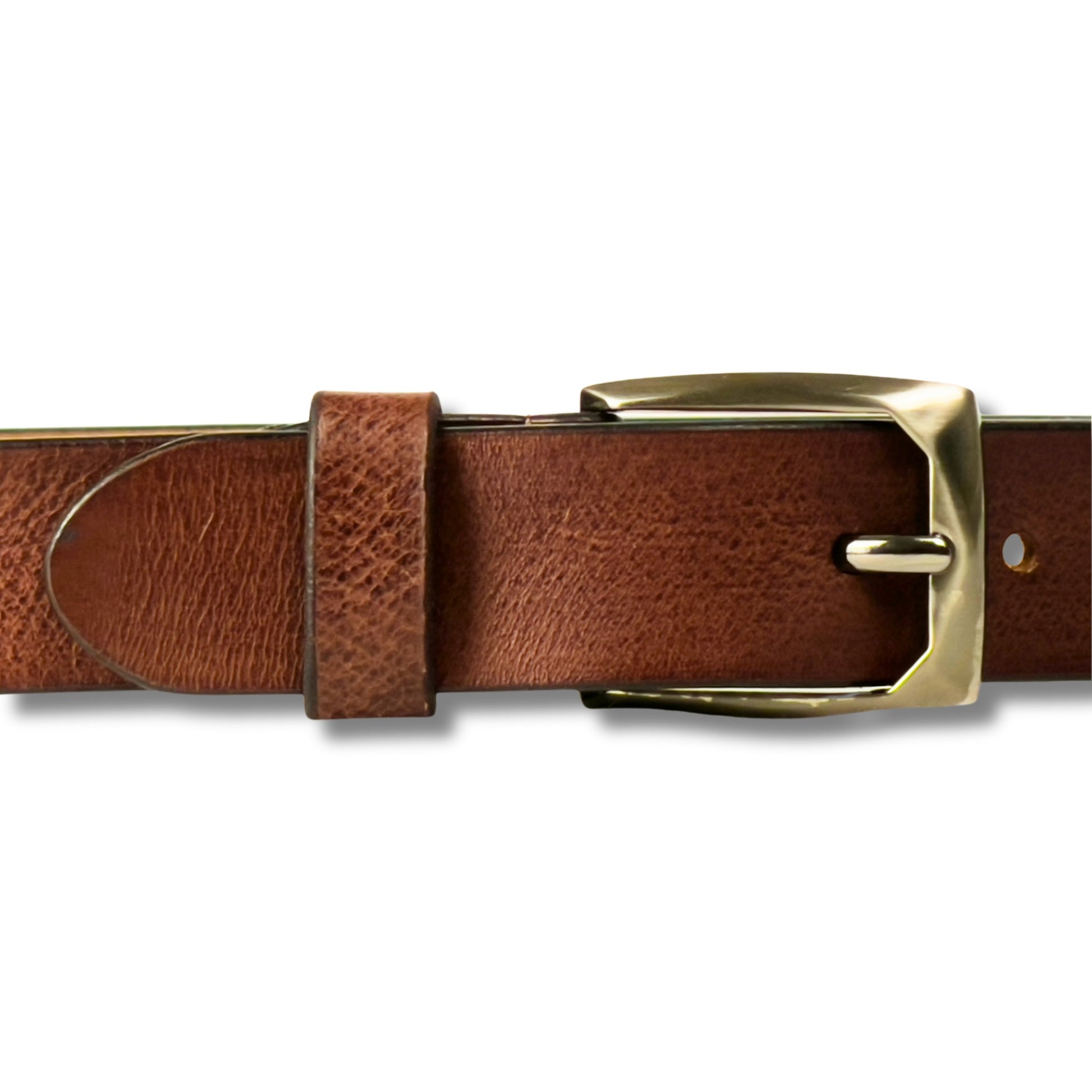 Zoomed view of brown leather belt buckle with reinforced stitching