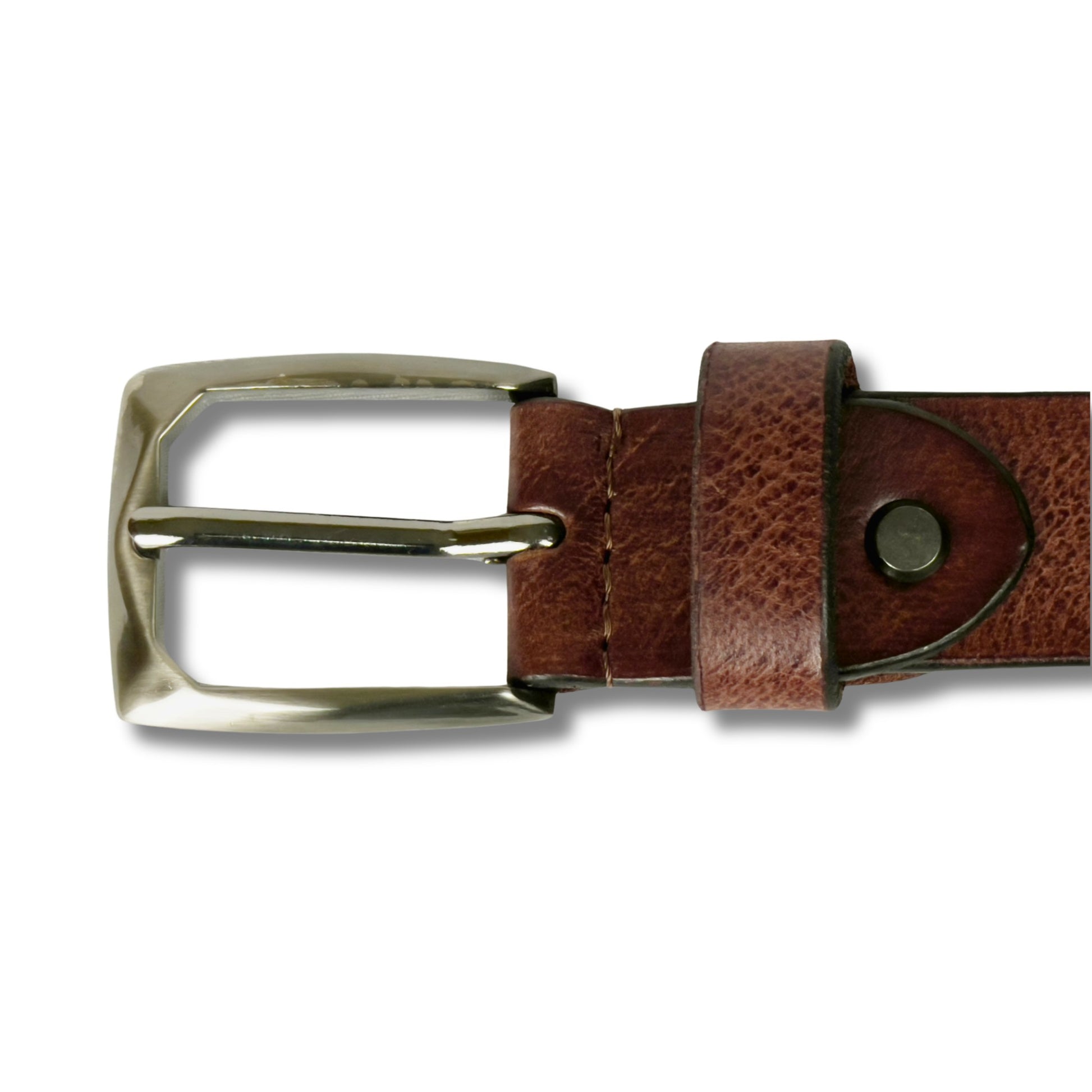 Brown leather belt laid flat with buckle facing forward