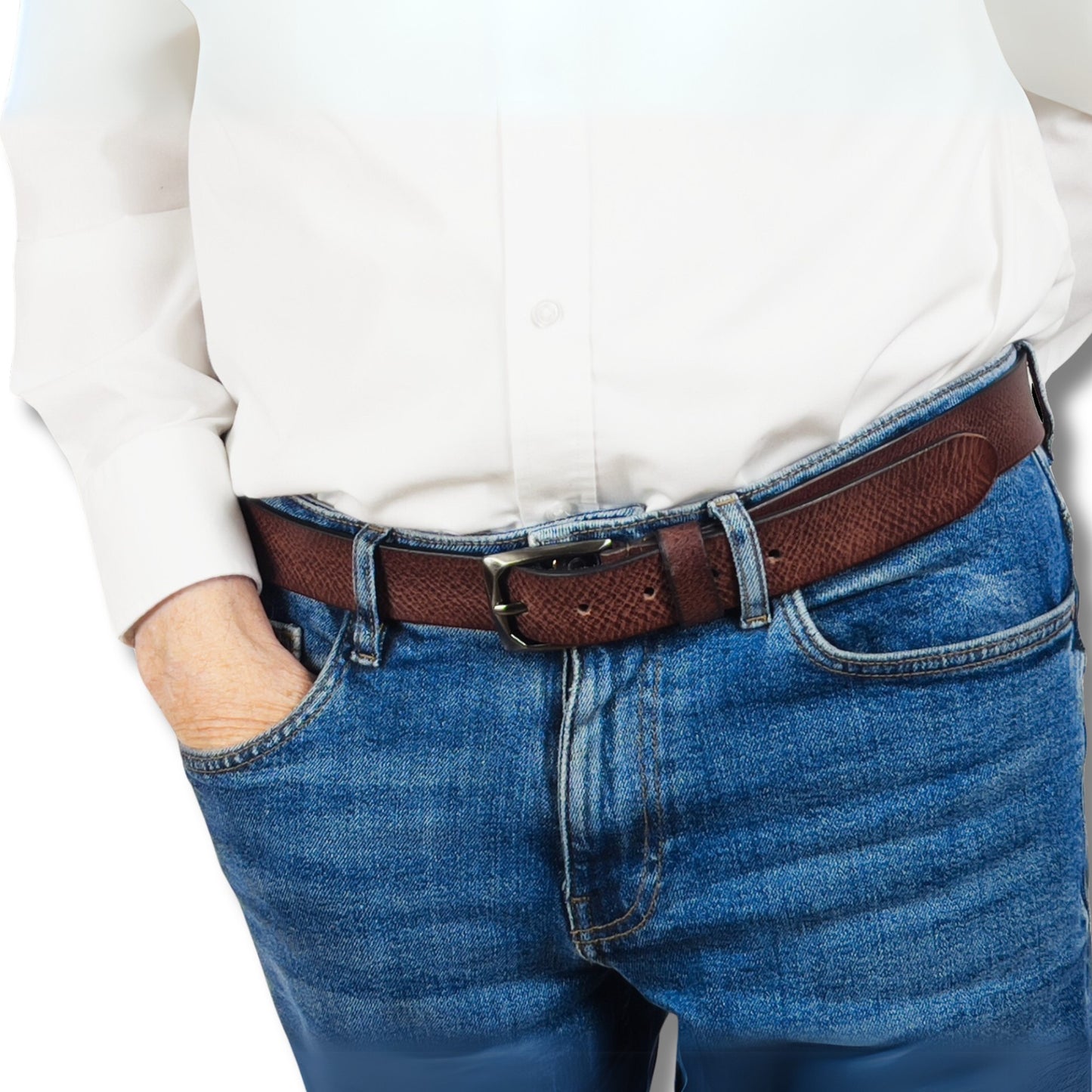 Brown leather belt threaded through denim jeans, highlighting buckle and smooth finish