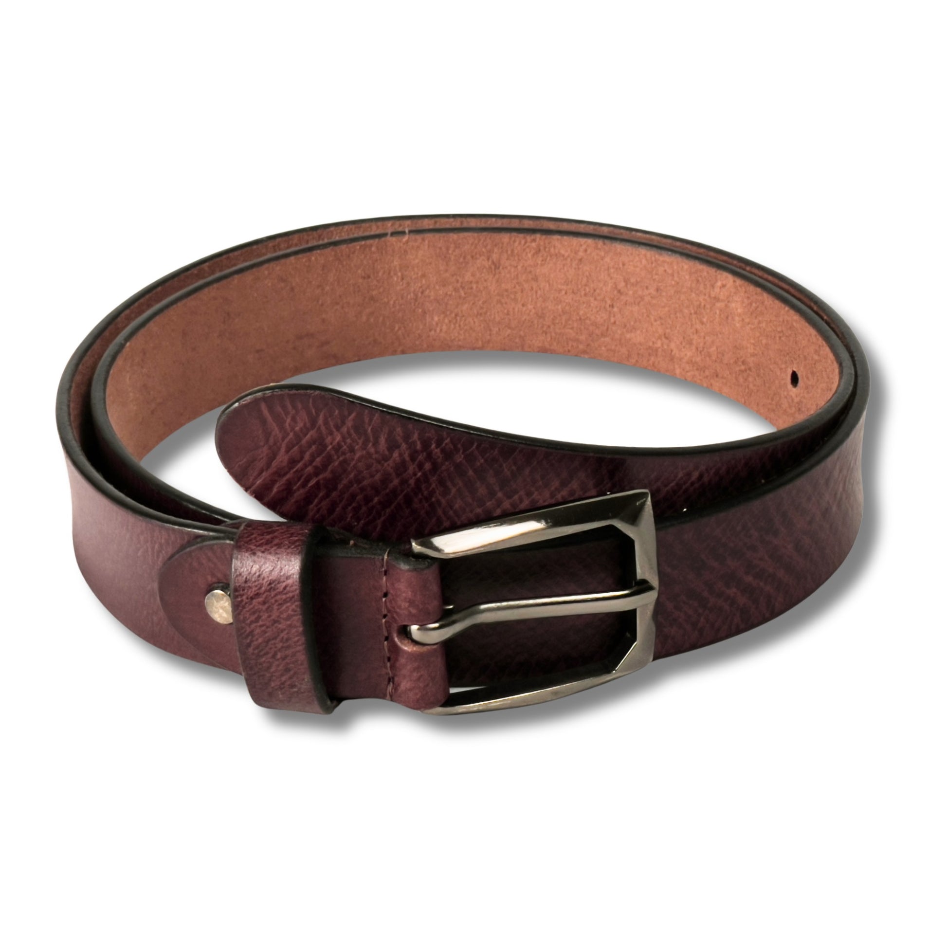 Rolled brown leather belt with visible silver buckle and smooth leather surface