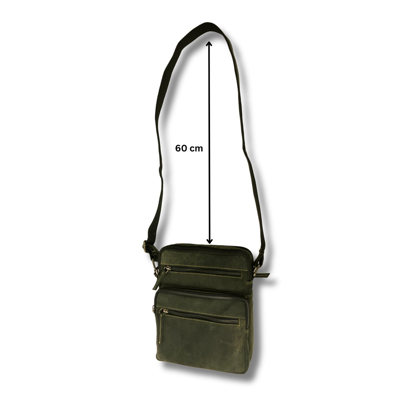 Black hunter leather crossbody bag with 60cm adjustable strap, five zip compartments, and real leather finish. Ideal for 10" tablets and everyday use.