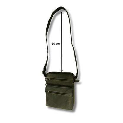 Black hunter leather crossbody bag with 60cm adjustable strap, five zip compartments, and real leather finish. Ideal for 10" tablets and everyday use.