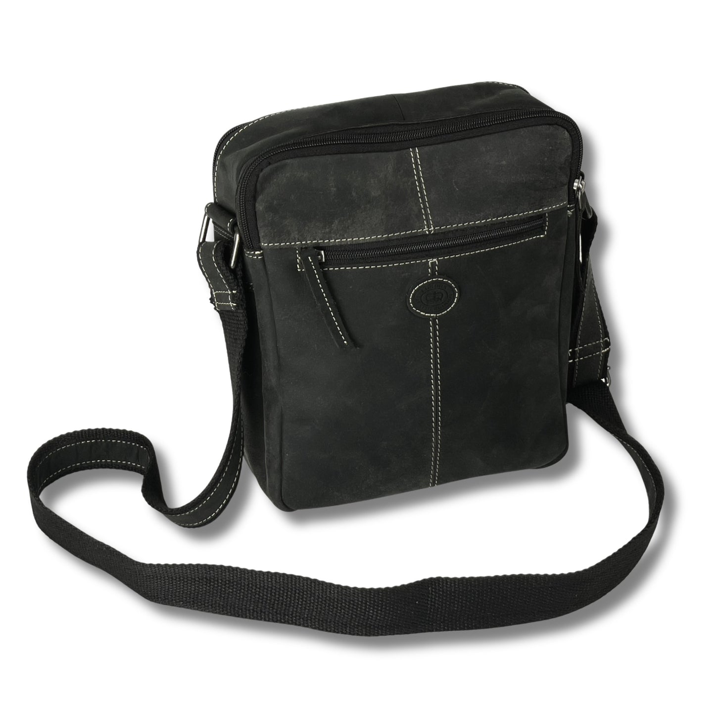 Back view of black and grey two-tone hunter leather crossbody bag with adjustable strap