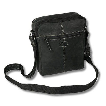Back view of black and grey two-tone hunter leather crossbody bag with adjustable strap