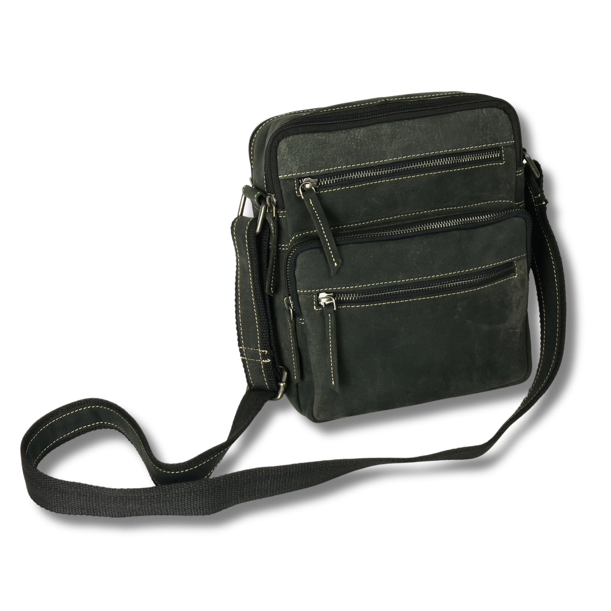 Front view of unisex black and grey hunter leather crossbody bag with zip compartments