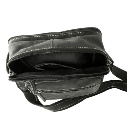 Close-up view of the black and grey hunter leather crossbody bag's interior