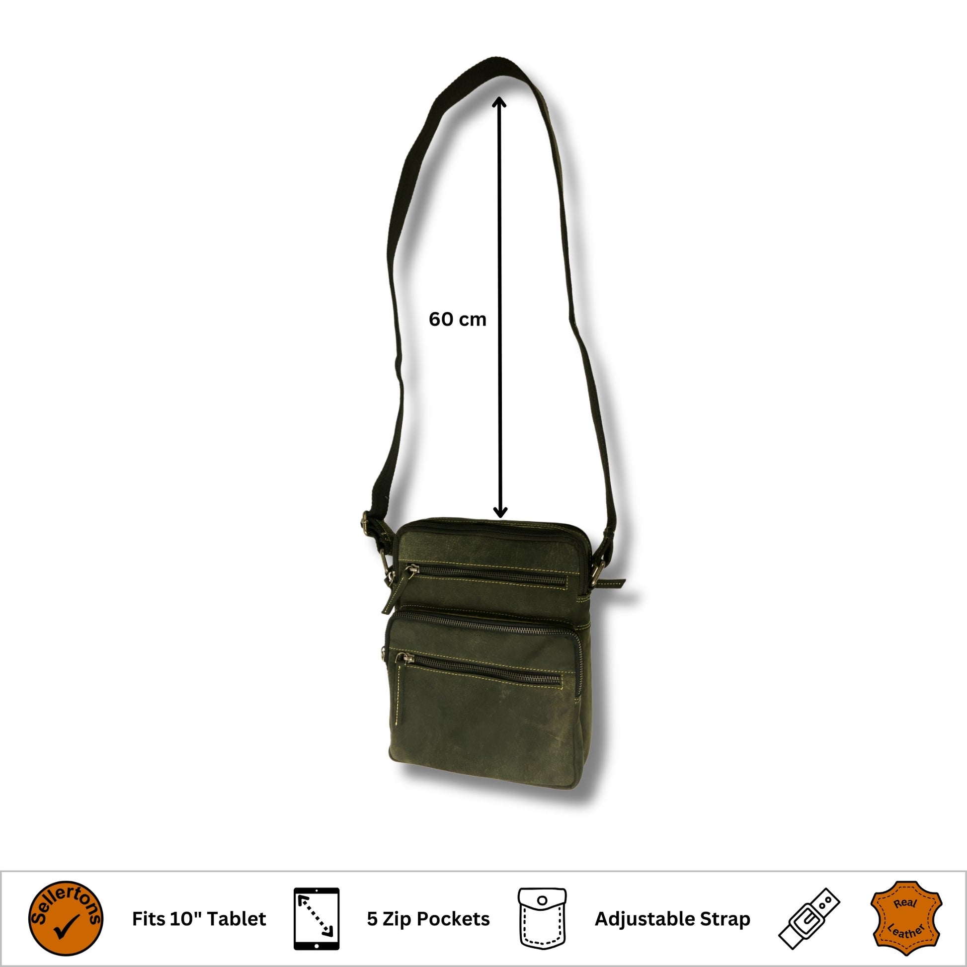 Black hunter leather crossbody bag with 60cm adjustable strap, five zip compartments, and real leather finish. Ideal for 10" tablets and everyday use.