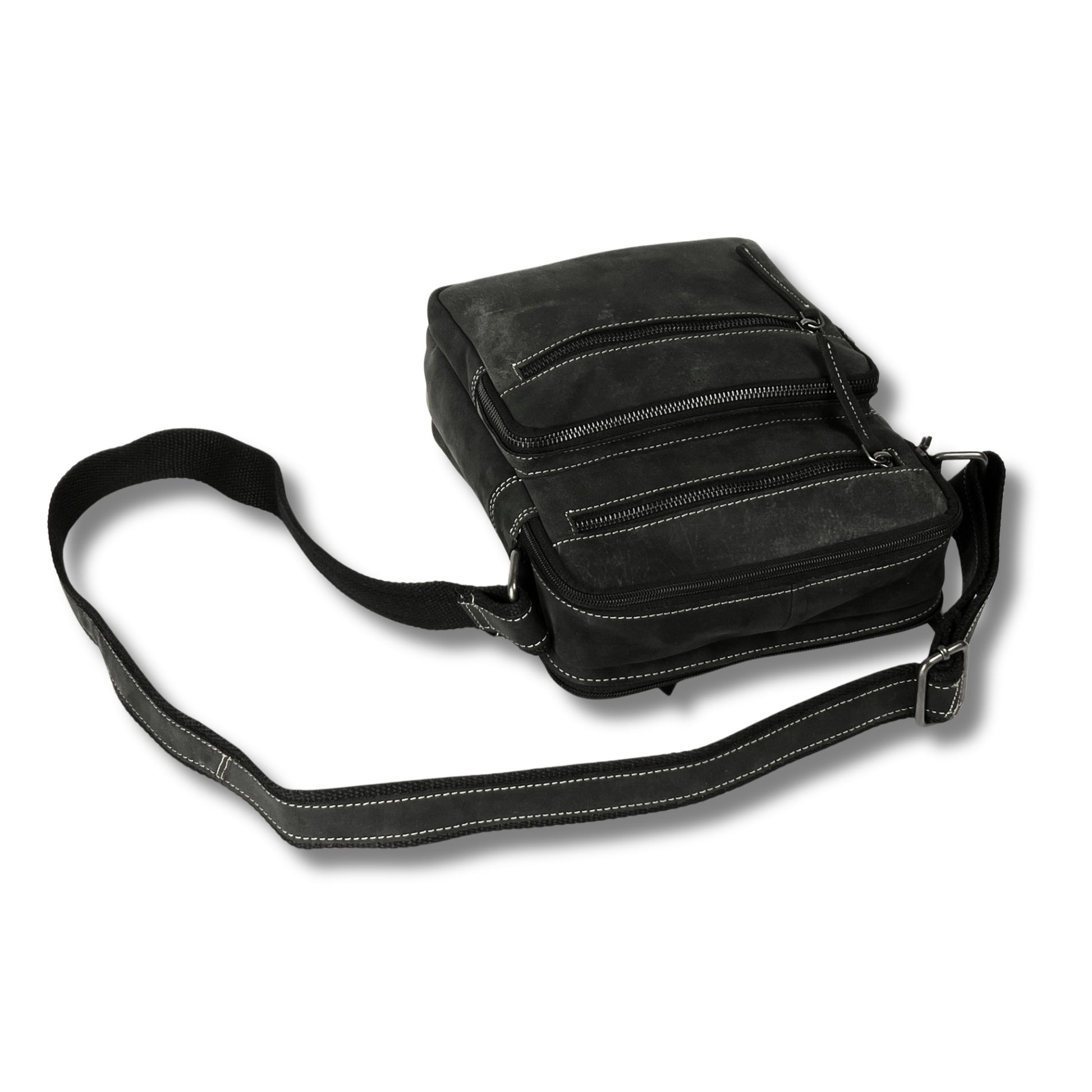 Top view of the hunter leather crossbody bag with secure zip compartments