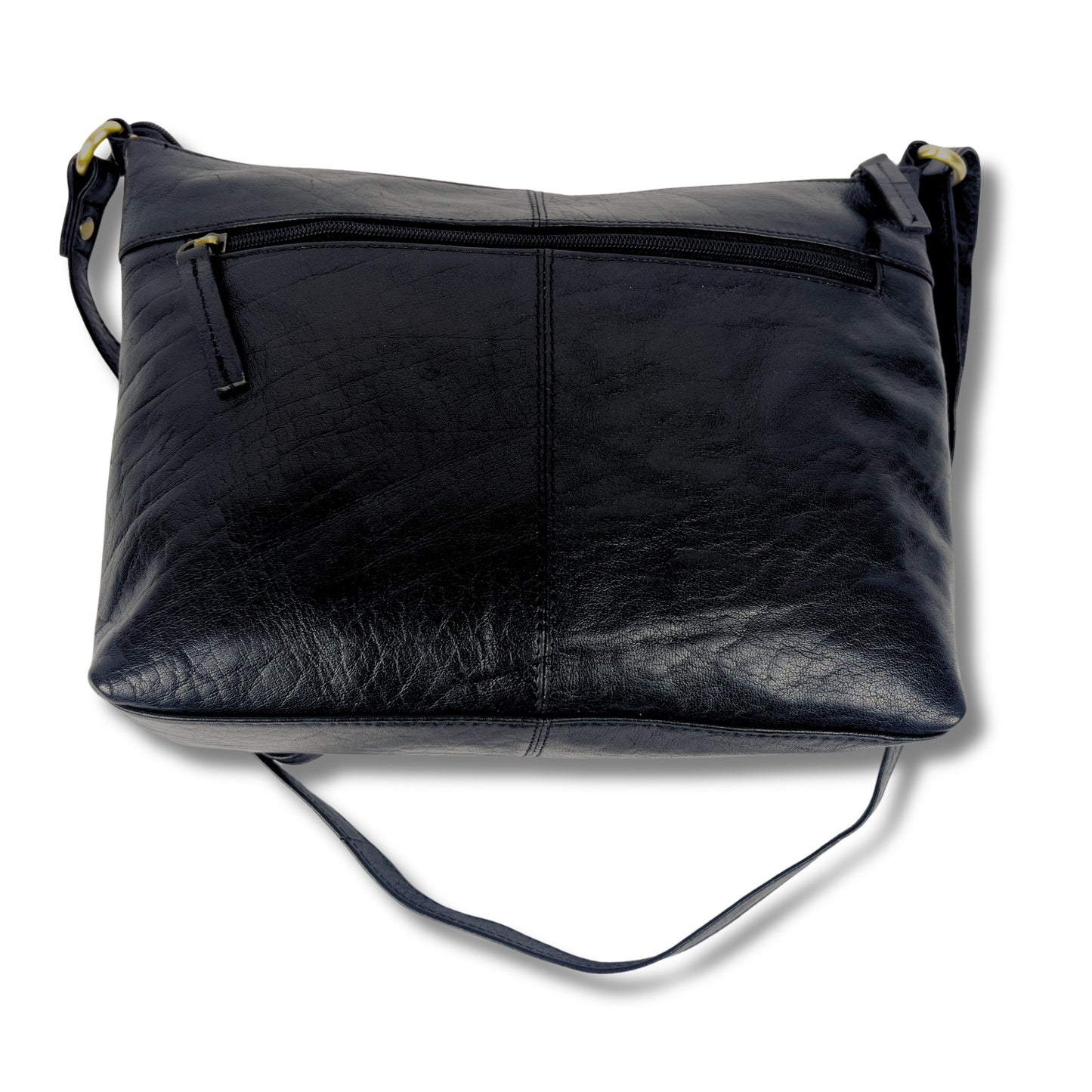 Back view of a ladies black leather crossbody bag