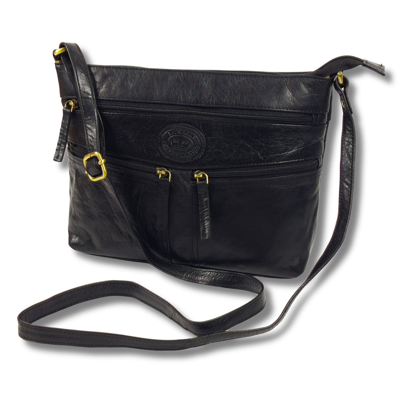 Front view of a black leather crossbody bag for women