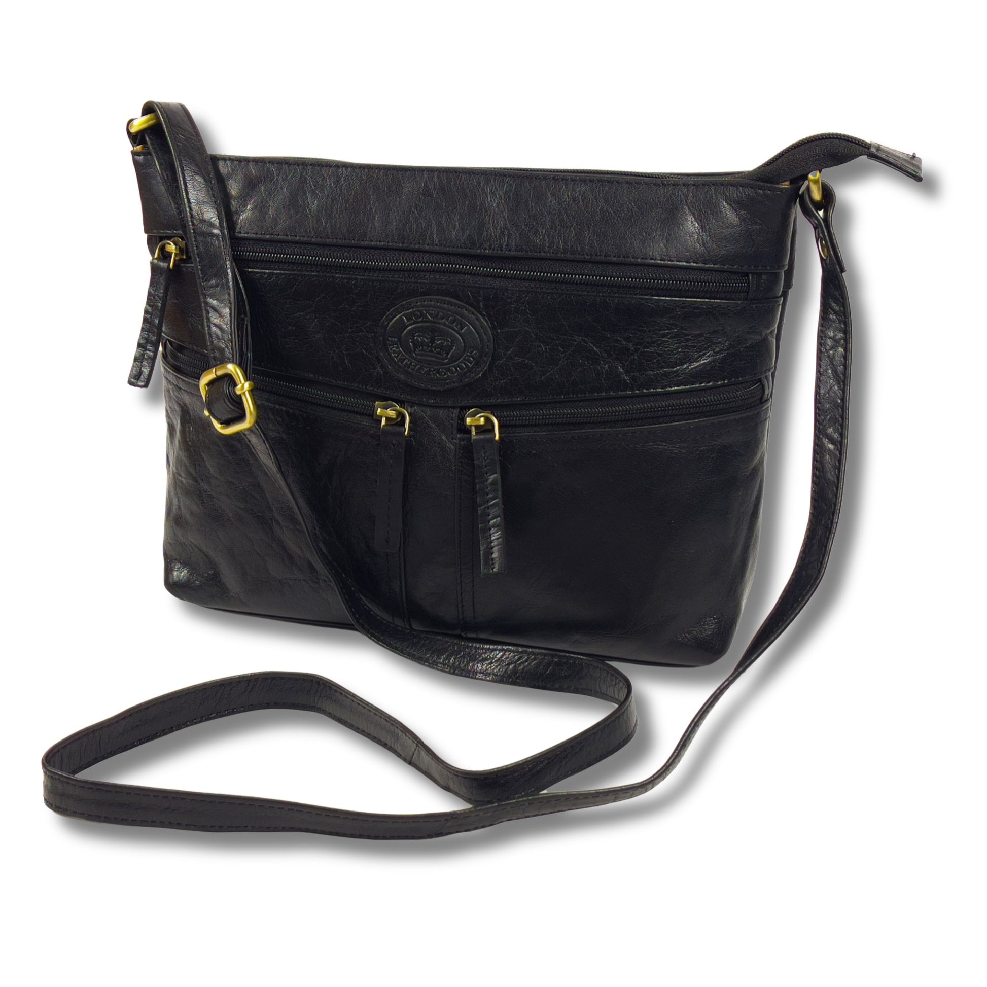 Front view of a black leather crossbody bag for women