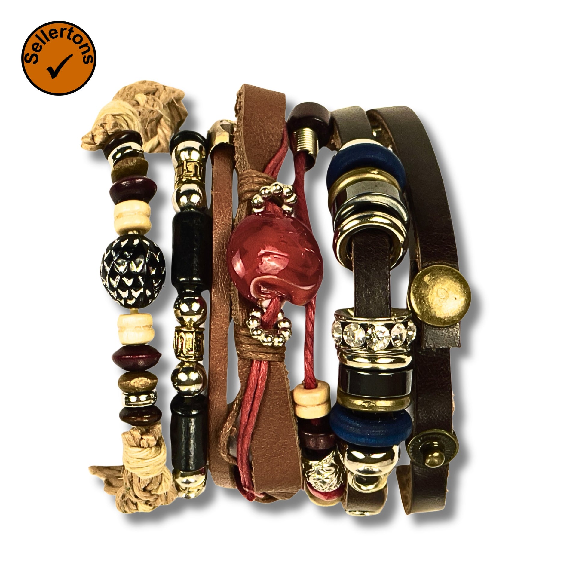 Close-up view of a multilayer leather bracelet with beads and charm pendant