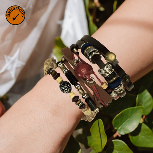 Multilayer leather bracelet with beads and charm pendant worn on hand