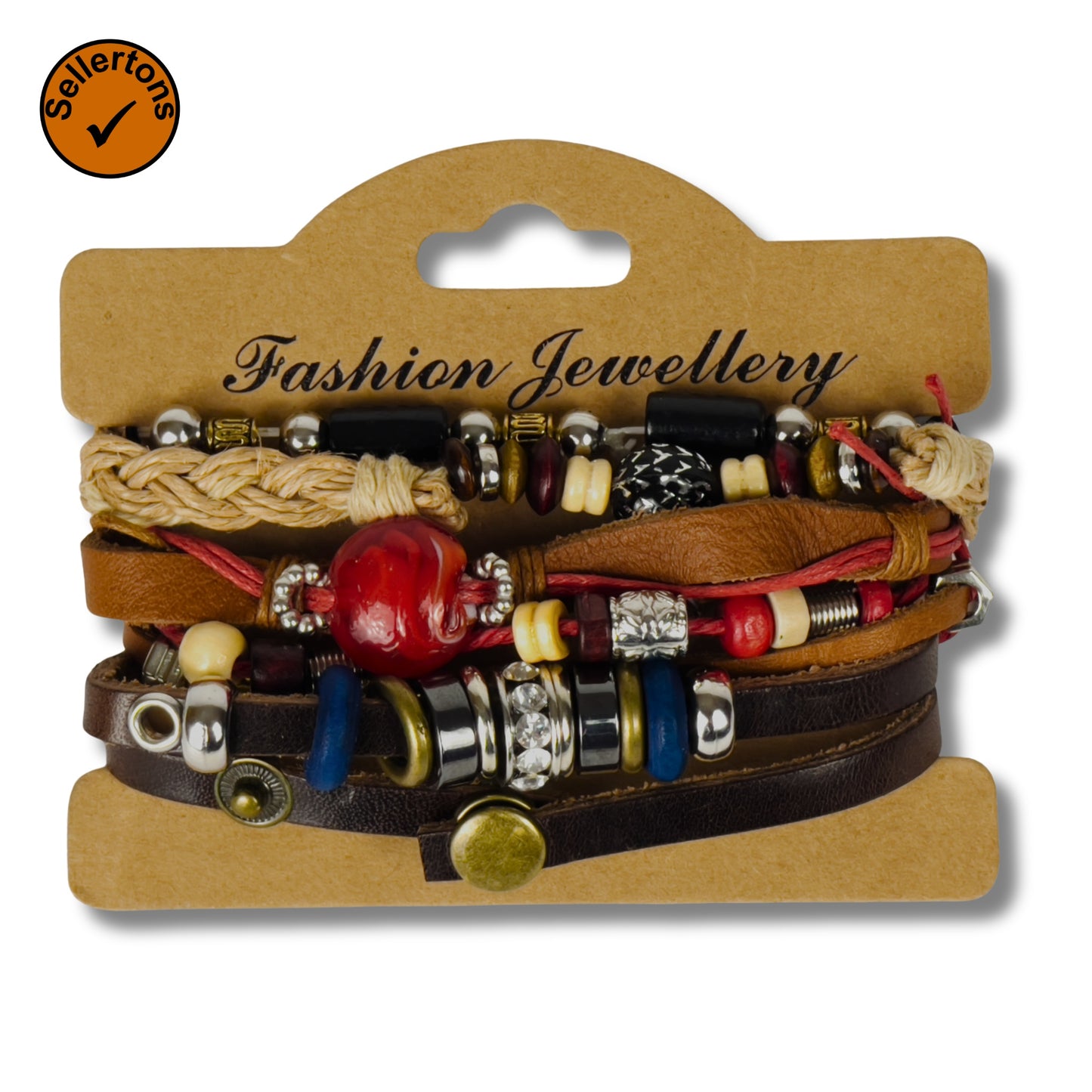 Packaged multilayer leather bracelet set with beads and charm pendant