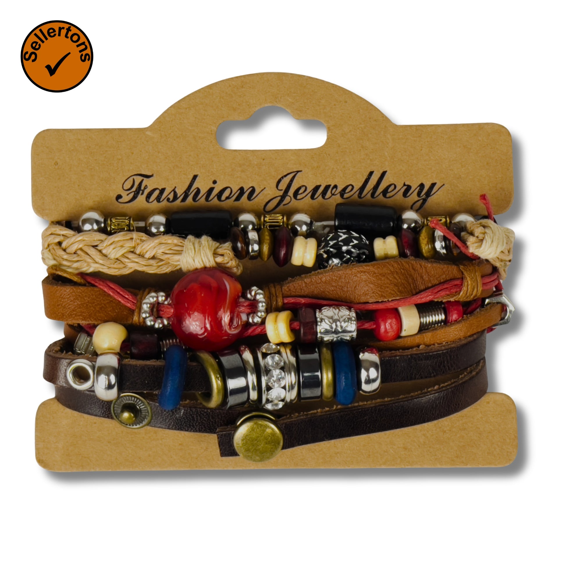Packaged multilayer leather bracelet set with beads and charm pendant