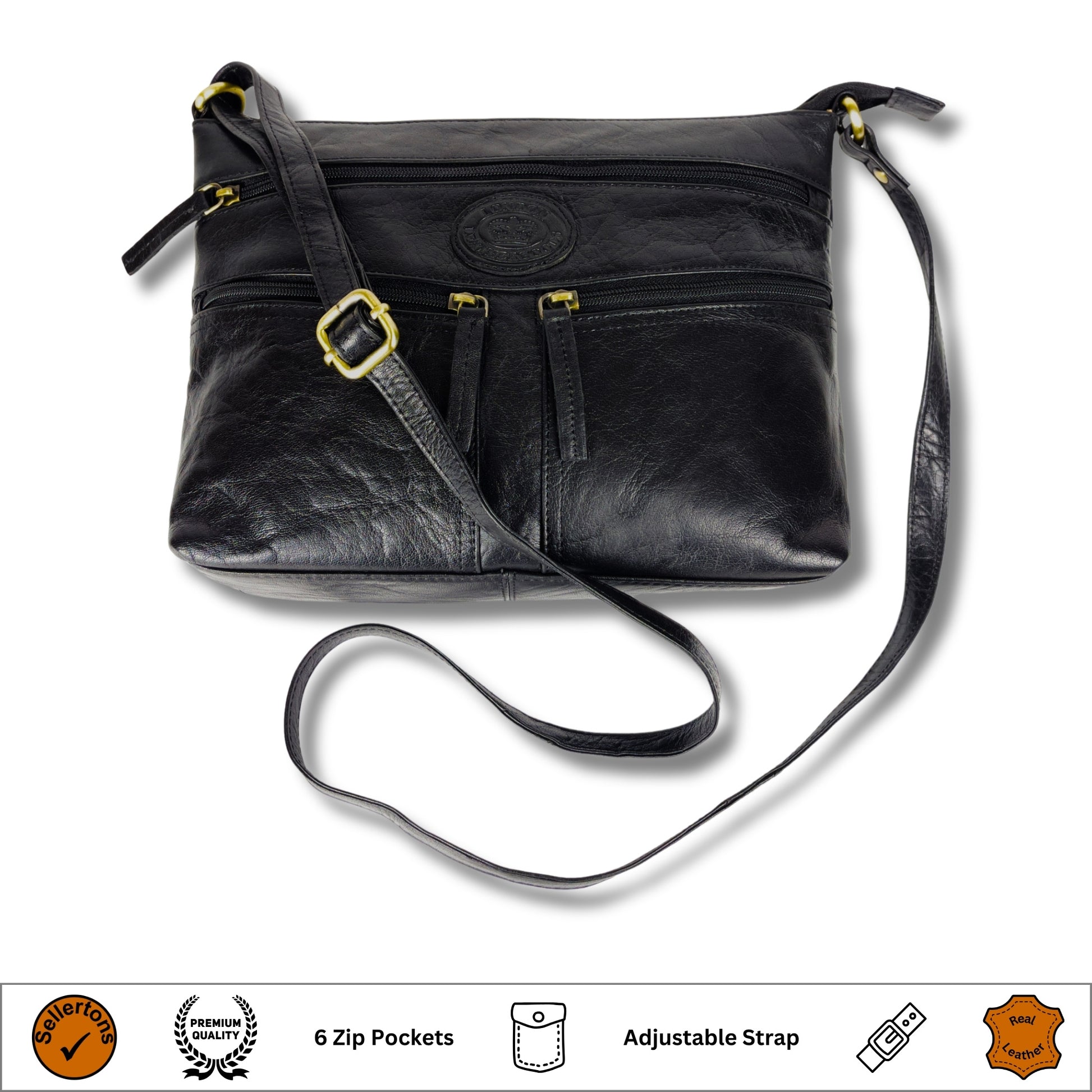 Front view of a black leather crossbody bag for women