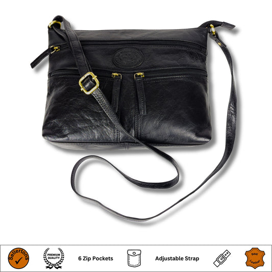 Front view of a black leather crossbody bag for women