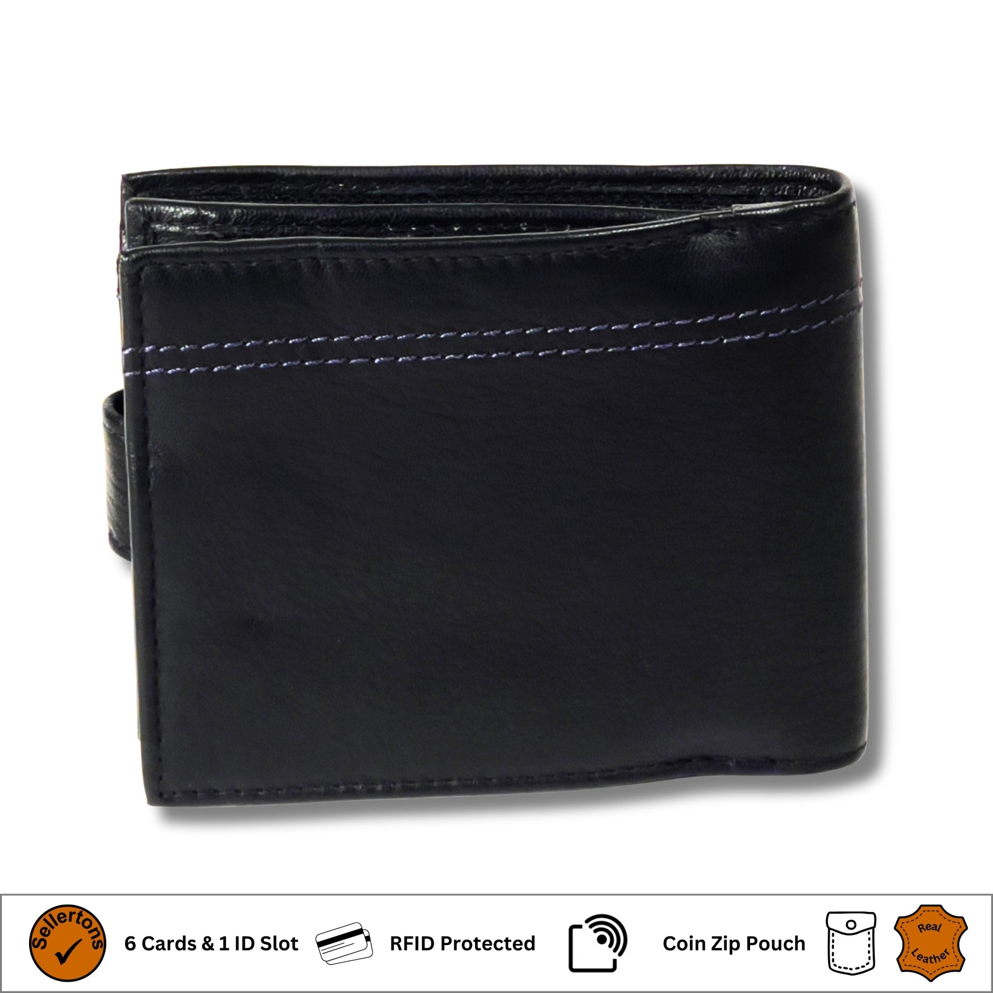 Back of black and navy men's leather wallet with RFID-blocking technology