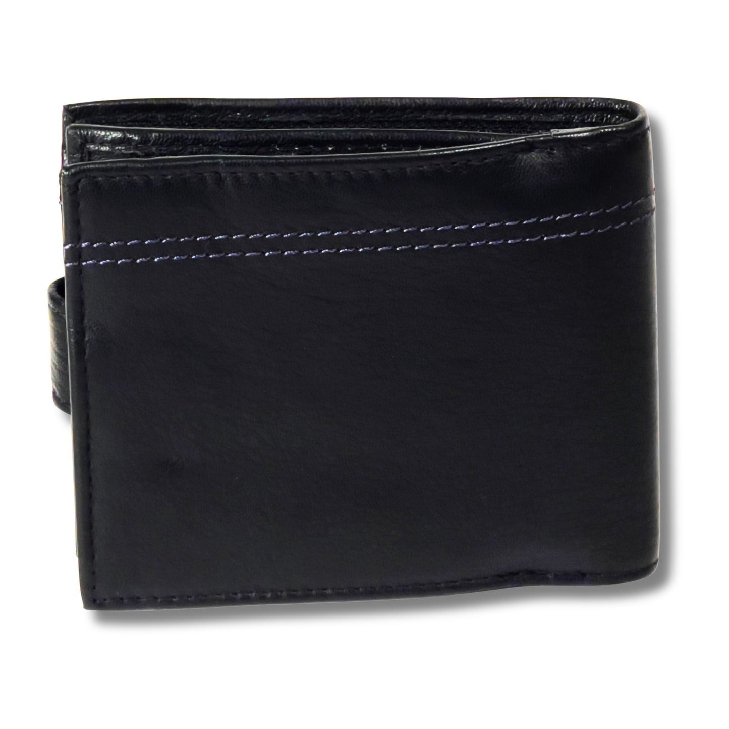 Back of black and navy men's leather wallet with RFID-blocking technology