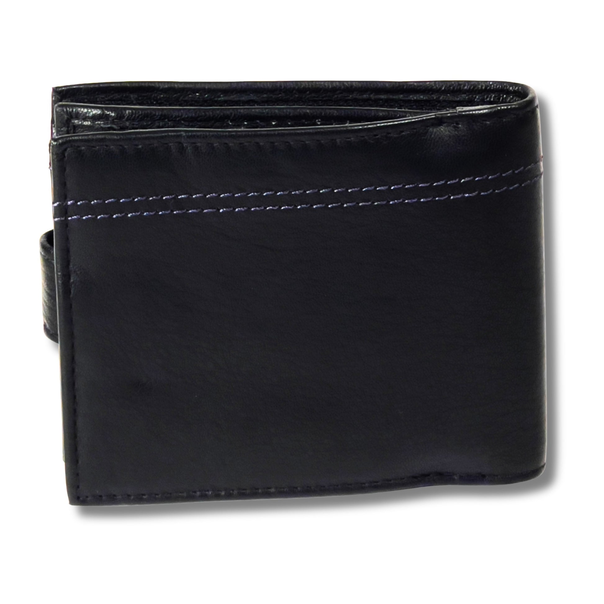 Back of black and navy men's leather wallet with RFID-blocking technology