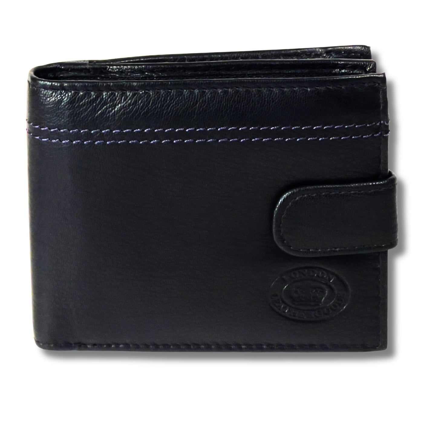Front of black and navy leather wallet with contrast stitching and RFID-blocking technology
