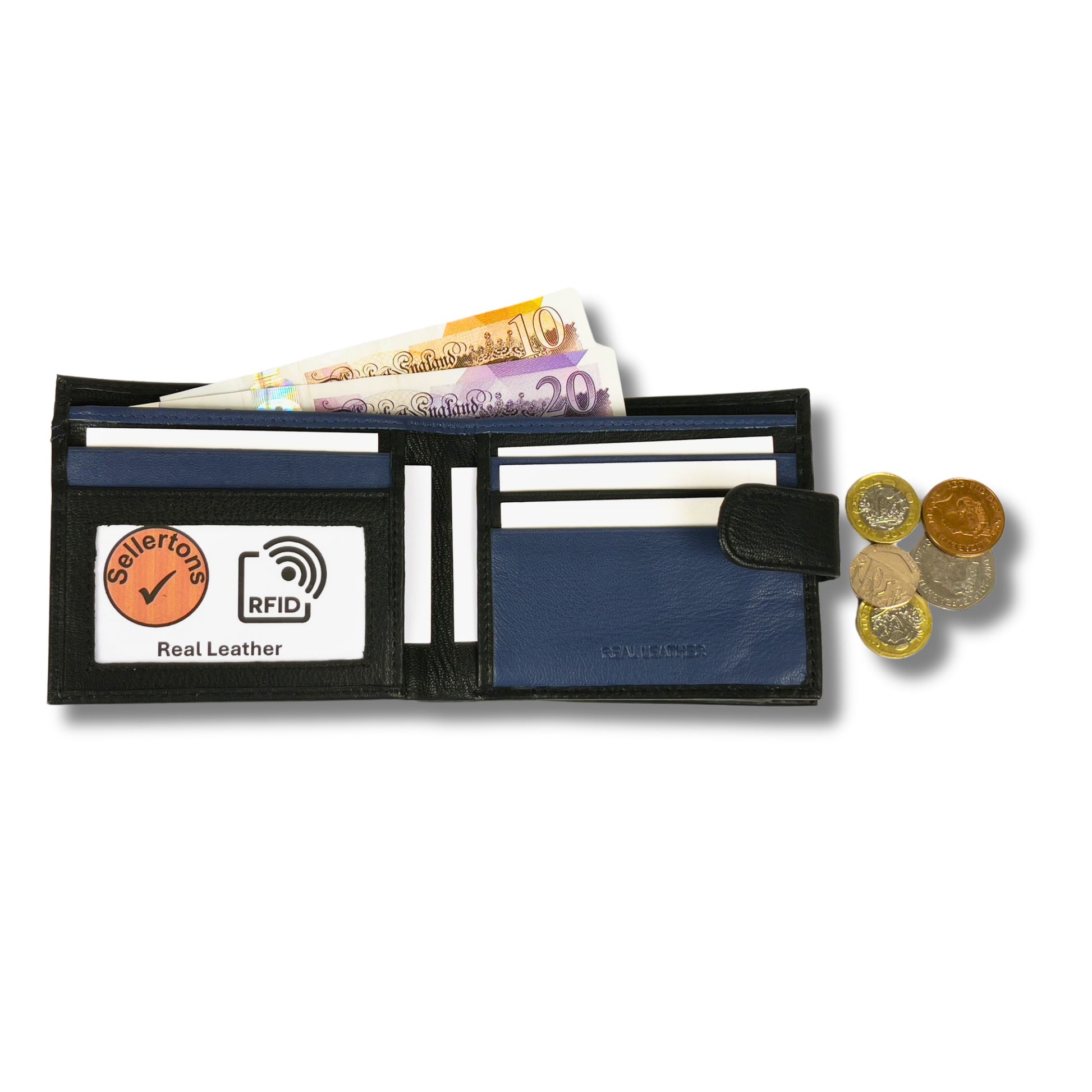 Interior of black and navy leather wallet showing card slots and RFID-blocking features