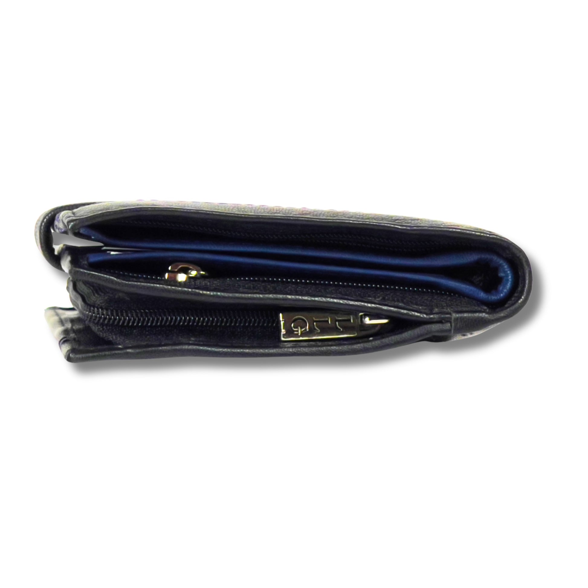 Side profile of a closed black and navy men's leather wallet with RFID-blocking technology