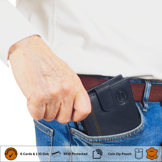 Black and tan leather wallet with slim design and RFID-blocking shown in a pocket