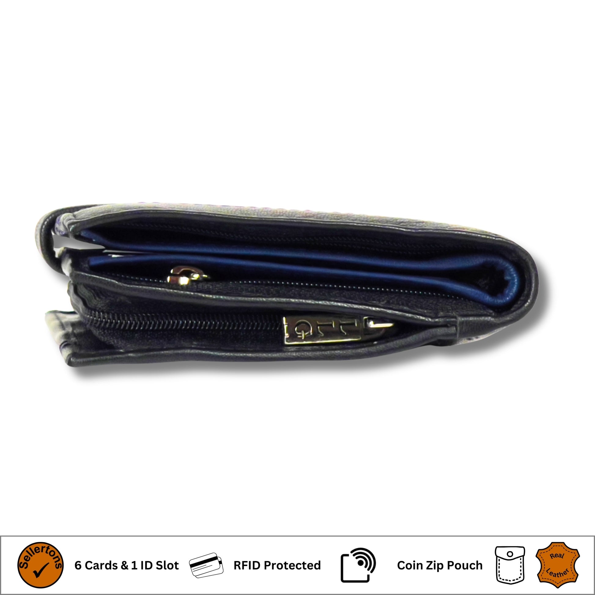Side profile of a closed black and navy men's leather wallet with RFID-blocking technology
