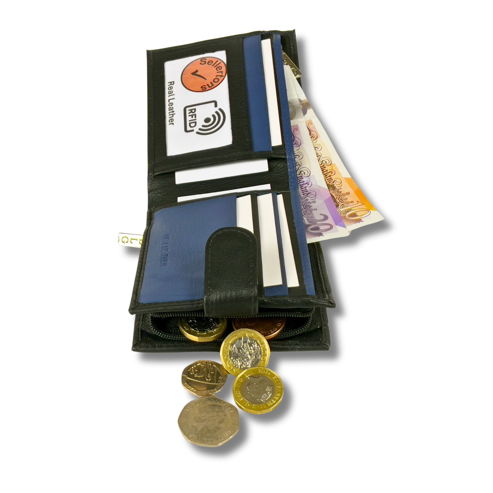 Side profile of an open black and navy leather wallet with card and cash compartments, featuring RFID-blocking